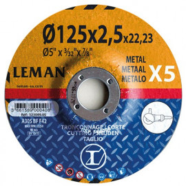 5 disques à tronçonner métal à moyeu déporté - D. 125 x Al. 22,23 x Ep. 2,5 mm - 123049.05 - Leman